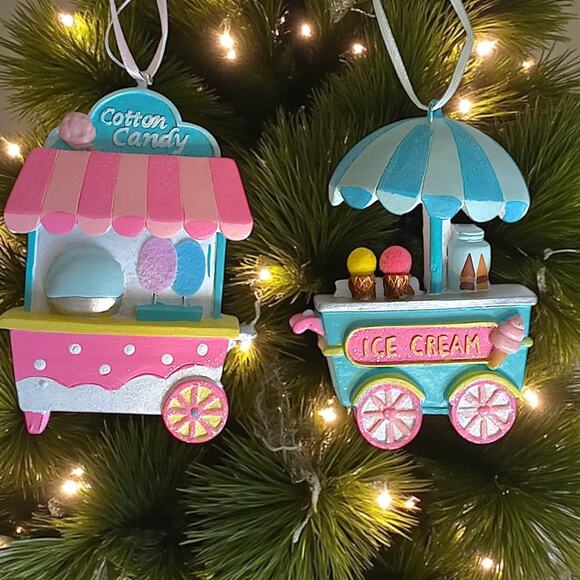 Cotton Candy & Ice Cream Carts Christmas Tree Ornaments Striped Roof Blue Pink - Picture 4 of 8